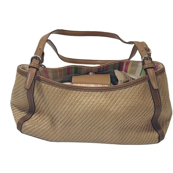 Fossil Woven Tan Shoulder Bag Leather Accents Striped Interior - Picture 4 of 11